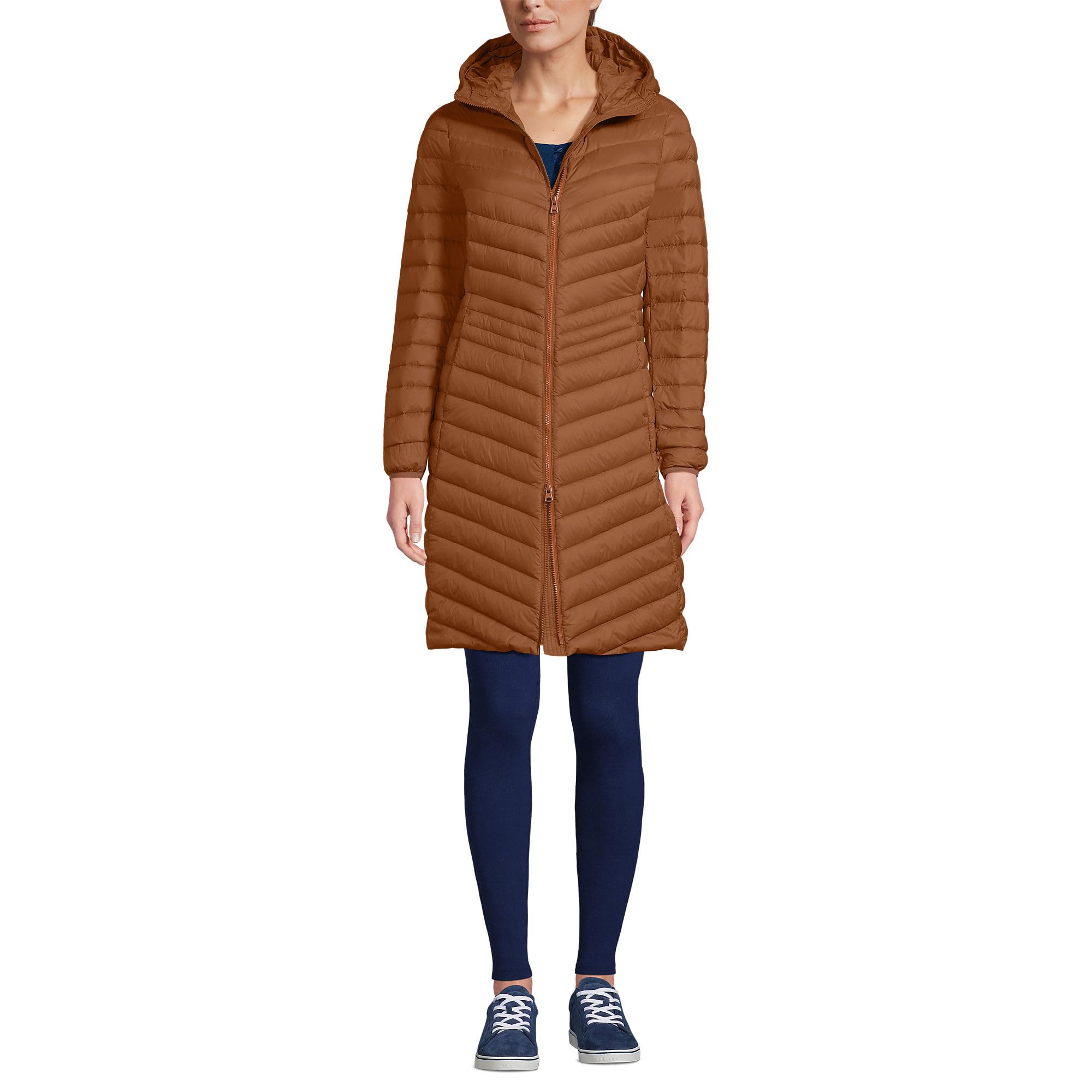Lands' End packable chevron wanderweight coat in Rich Ginger Brown shown in-hand for travel readiness