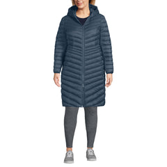 Lands' End packable chevron wanderweight coat front view offers lightweight warmth for travel days.