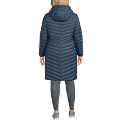 Lands' End chevron wanderweight coat with hood up shows weather protection on cold commutes.