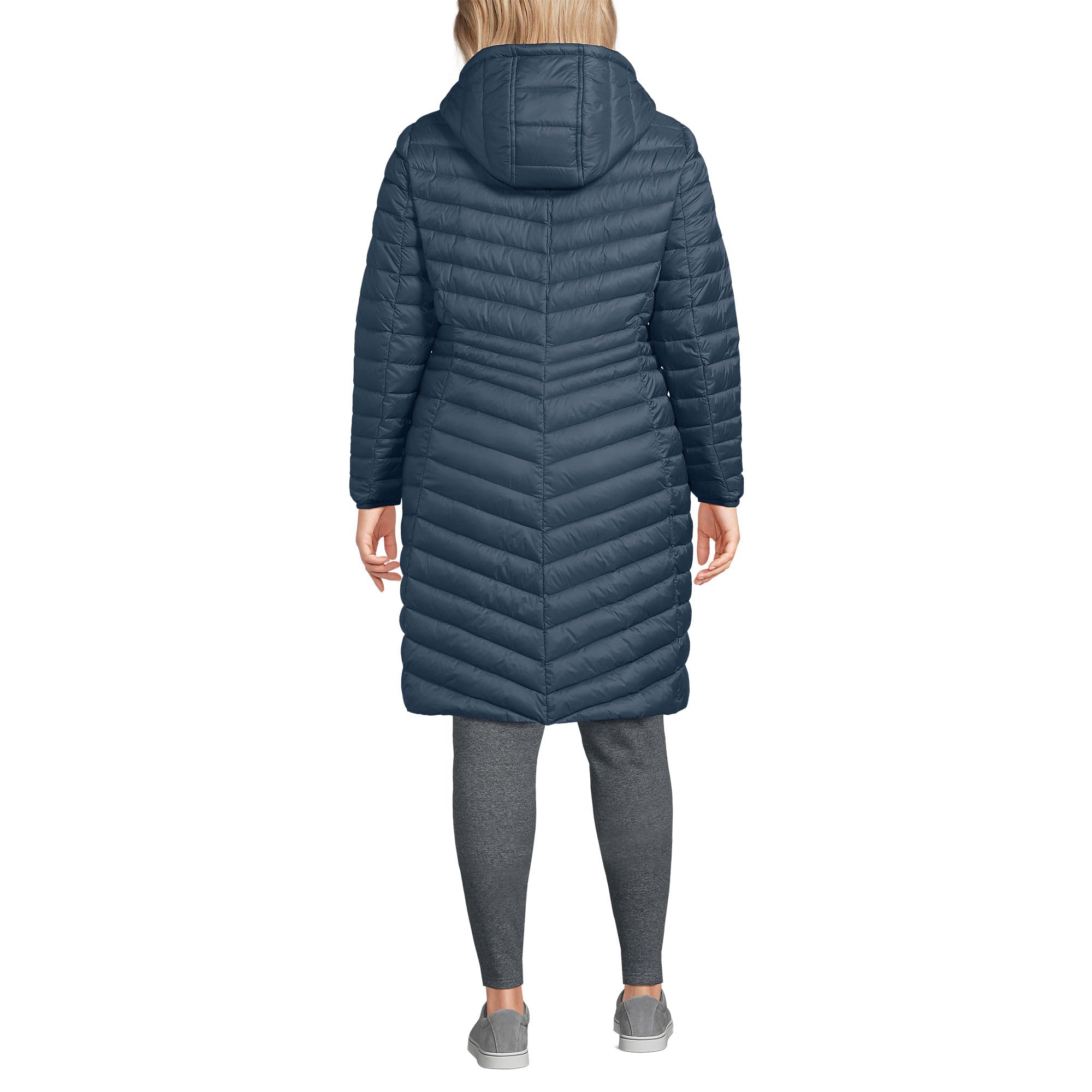 Lands' End women's packable chevron wanderweight coat vintage blue on hanger, easy packing