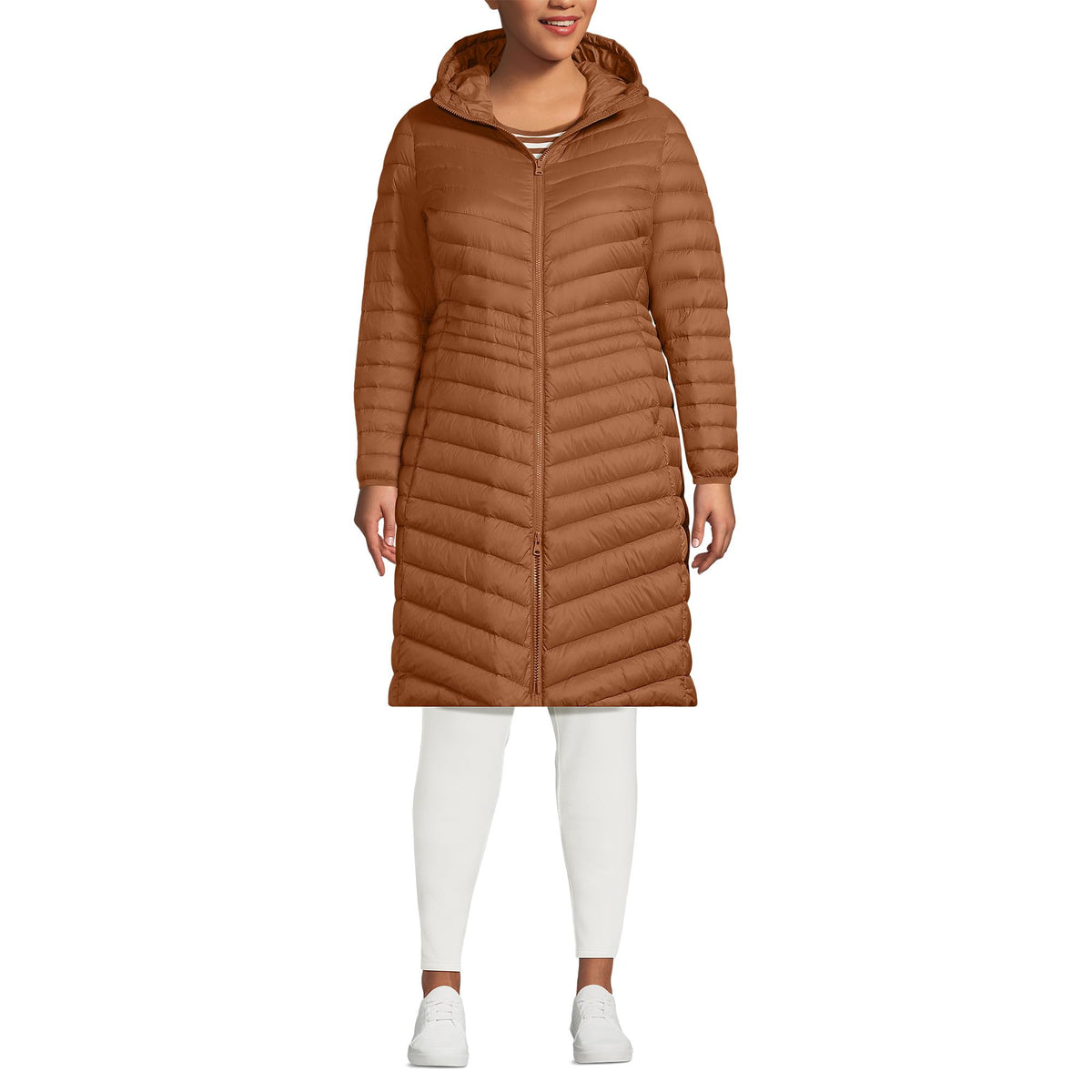 Lands' End packable chevron wanderweight down coat front view shows compact warmth for travel
