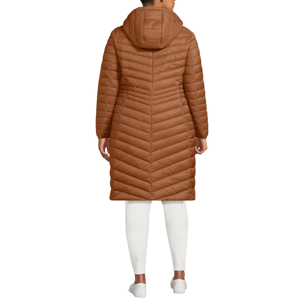 Lands' End women's packable chevron wanderweight down coat side profile wind protection on errands