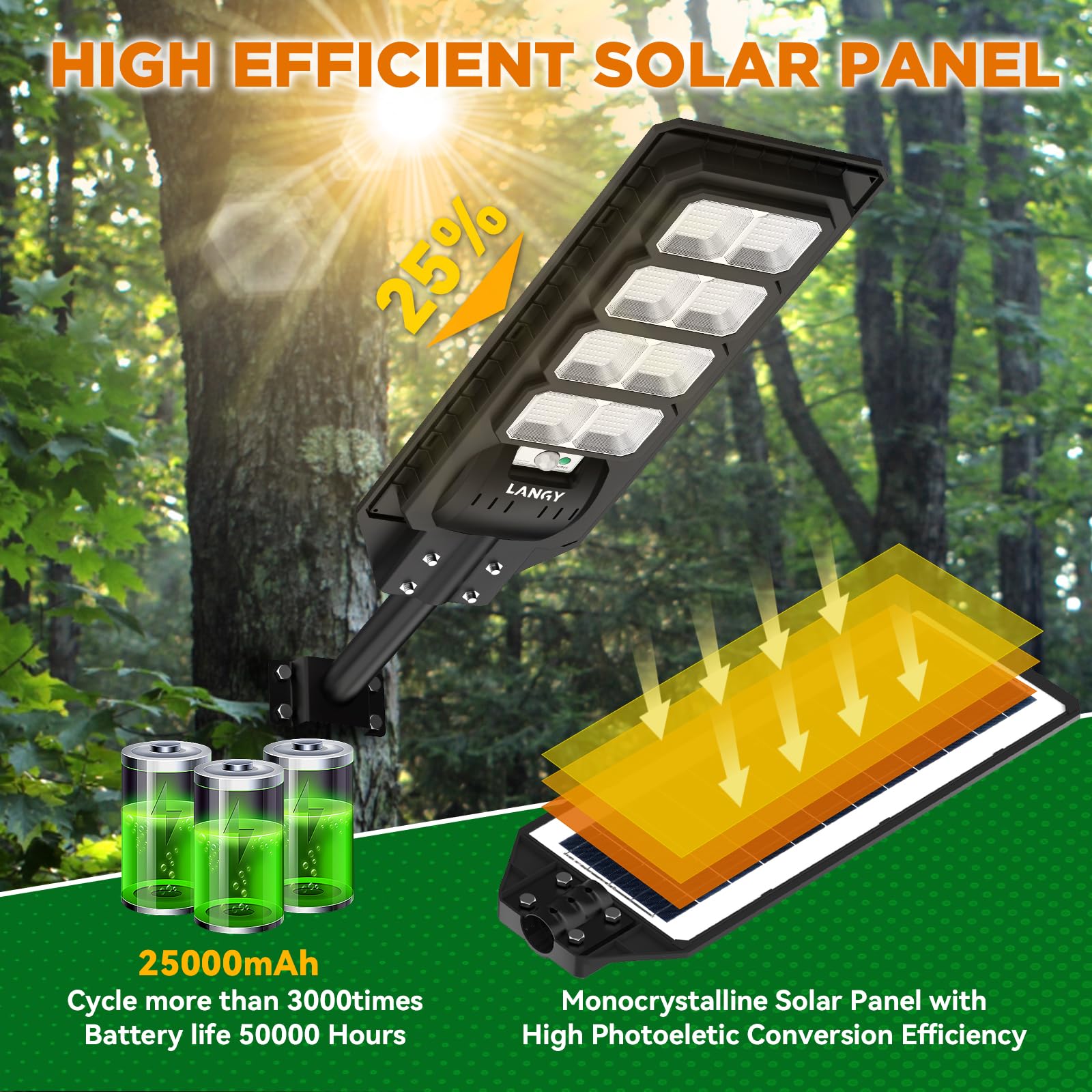 LANGY green hunting light solar panel charging for maintenance-free operation