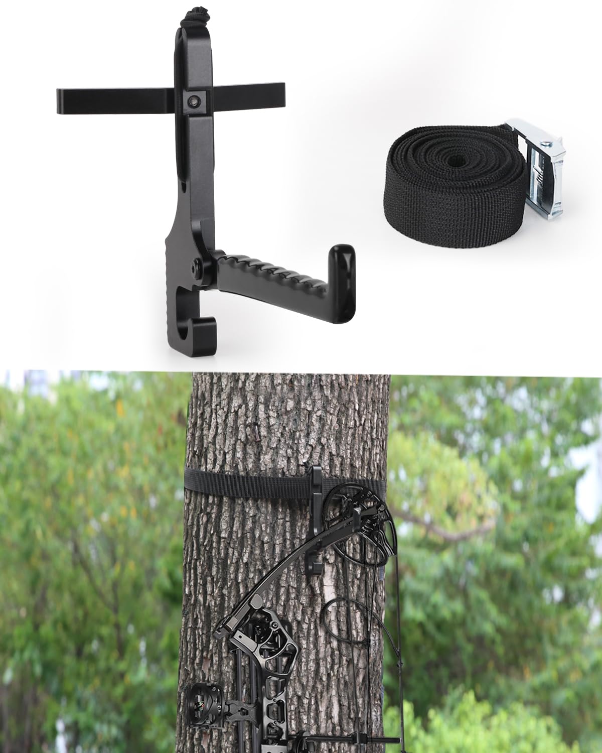 LANGZIHT treestand bow hanger main hook keeps your bow within reach for a clean draw.