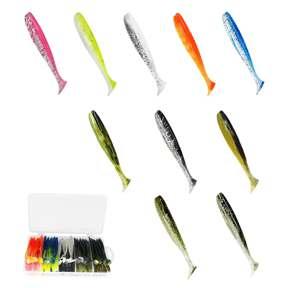 Lanmoon Paddle Tail Swimbaits Set in a plastic bait box with 100 soft lures