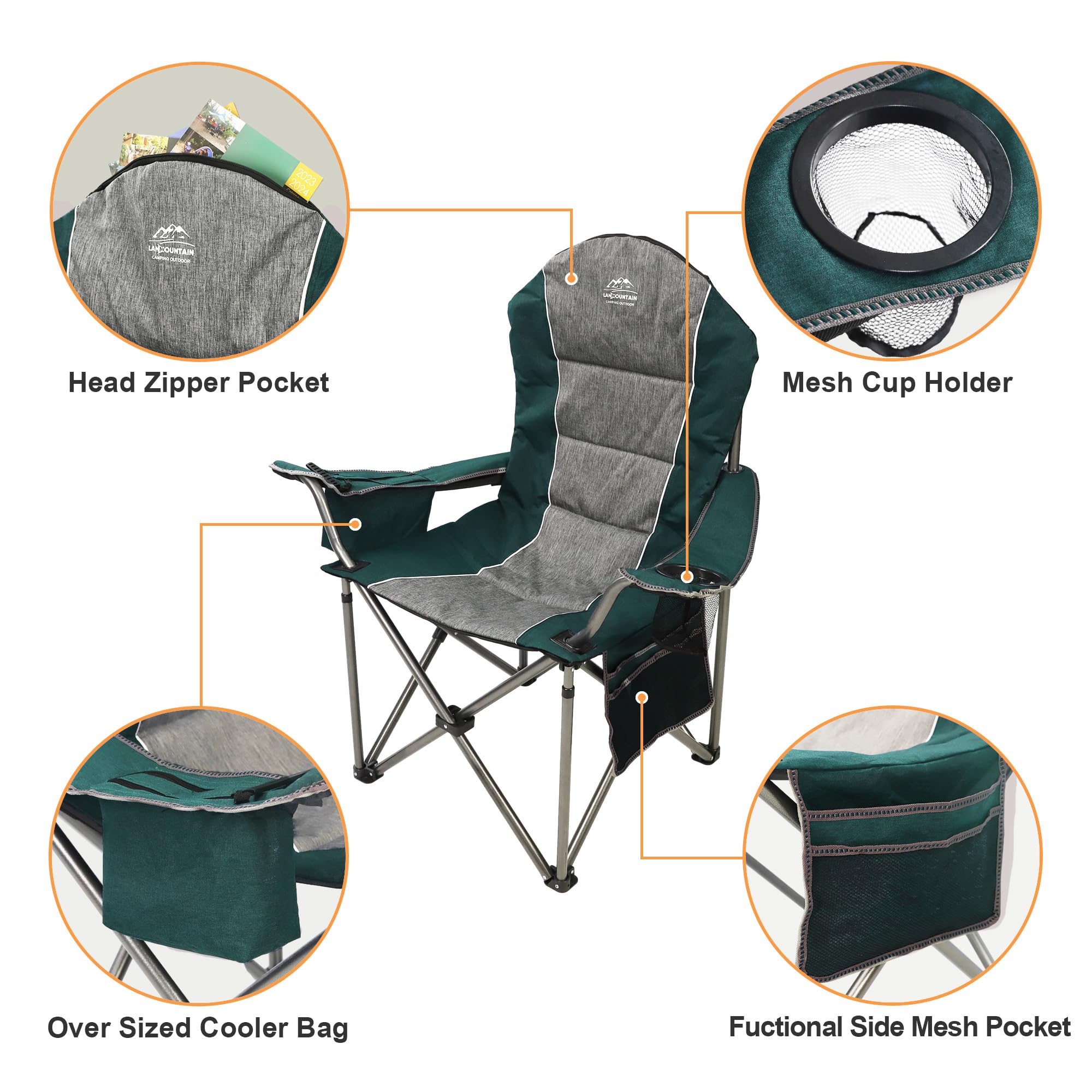 LANMOUNTAIN camping chair supports up to 350 pounds for stability.