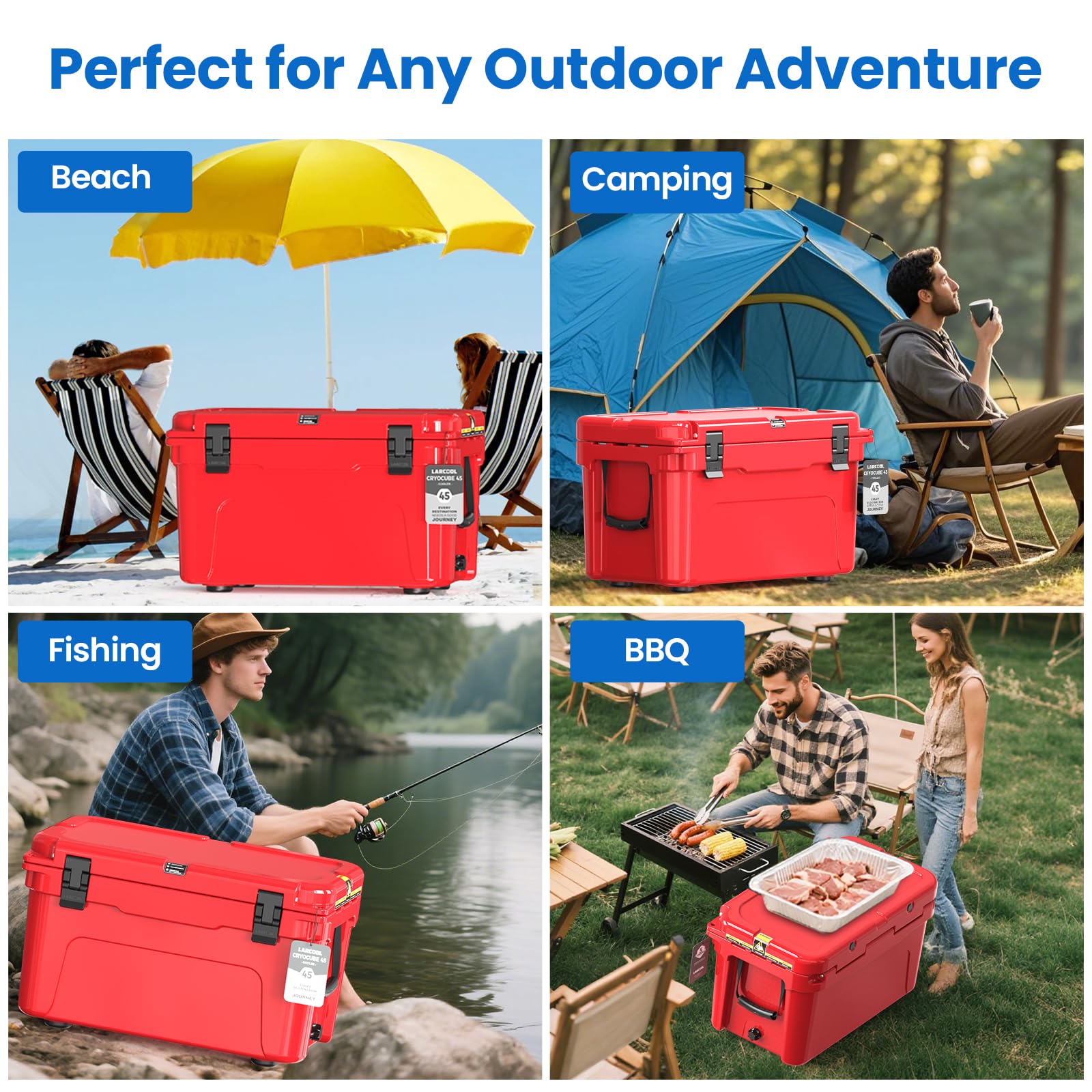 LARCOOL 45QT capacity fits 28 cans for family picnics and beach days.