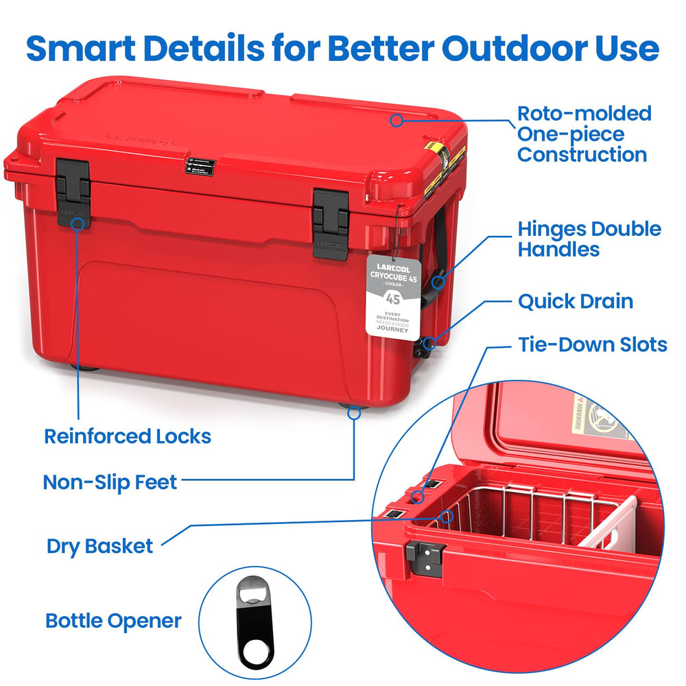 LARCOOL rotomolded build emphasizes rugged durability for camping and boating.