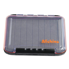 Front view of large fly box with grey foam insert