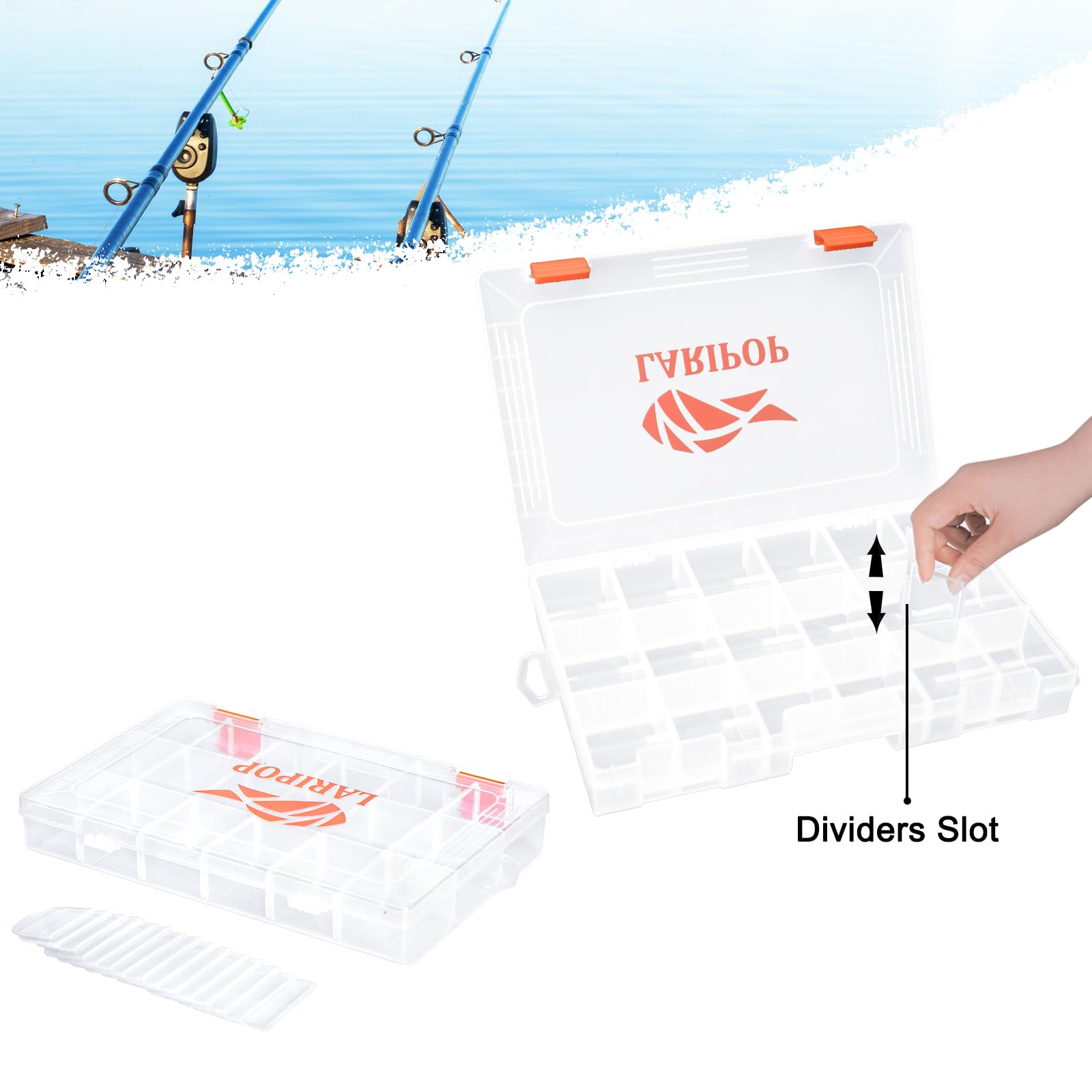 LARIPOP transparent tackle box visibility enables quick bait identification at a glance.