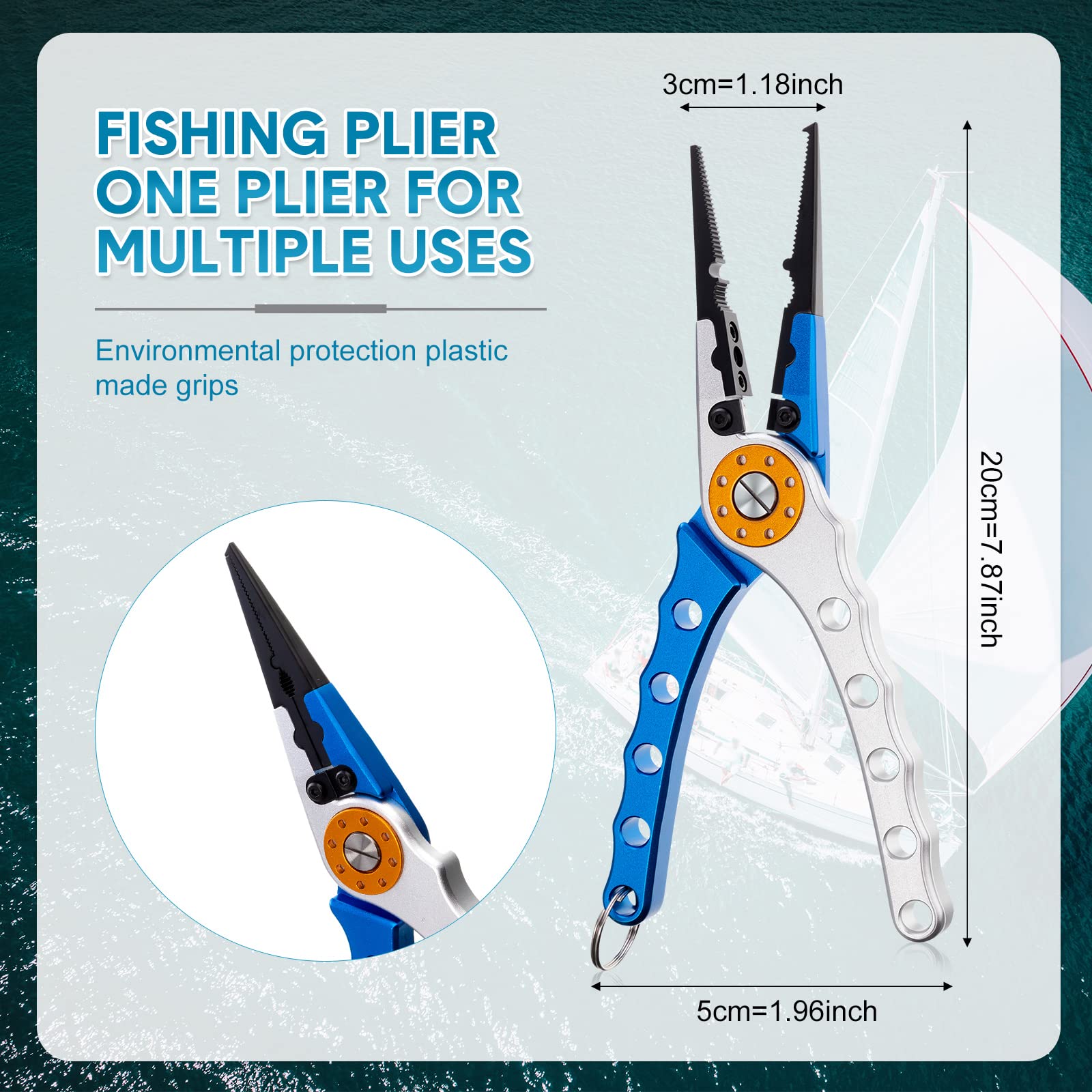 Lasnten pliers with hook remover, sheath, and lanyard