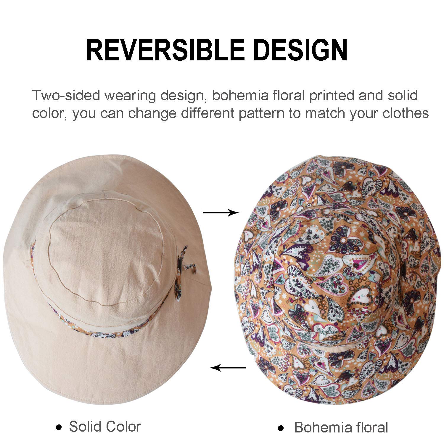 Reversible hat with floral interior pattern