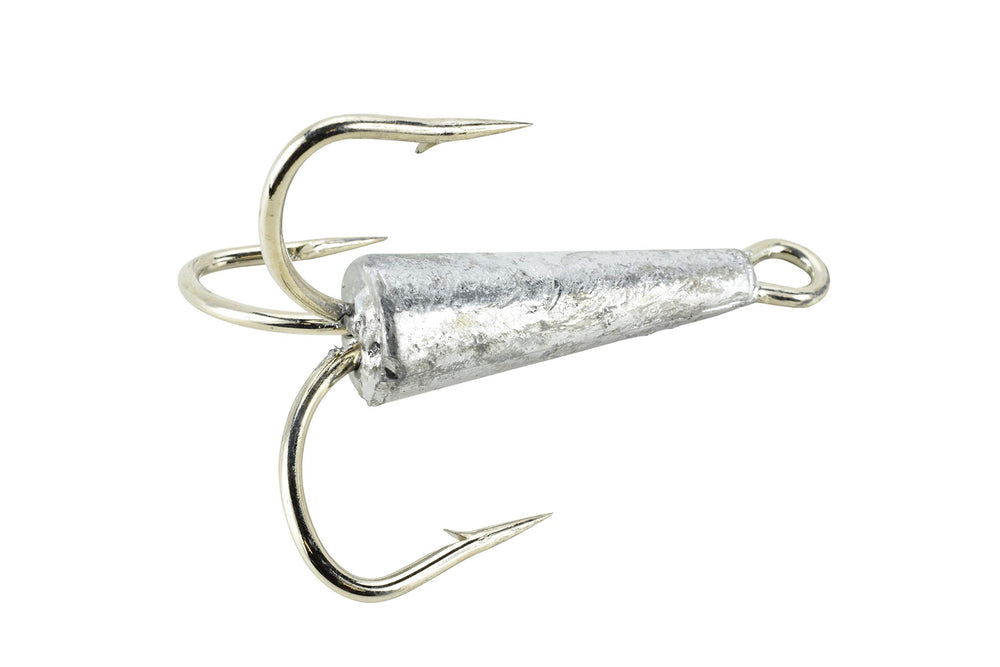 Close-up of the sharp 9/0 treble hooks for bunker snagging