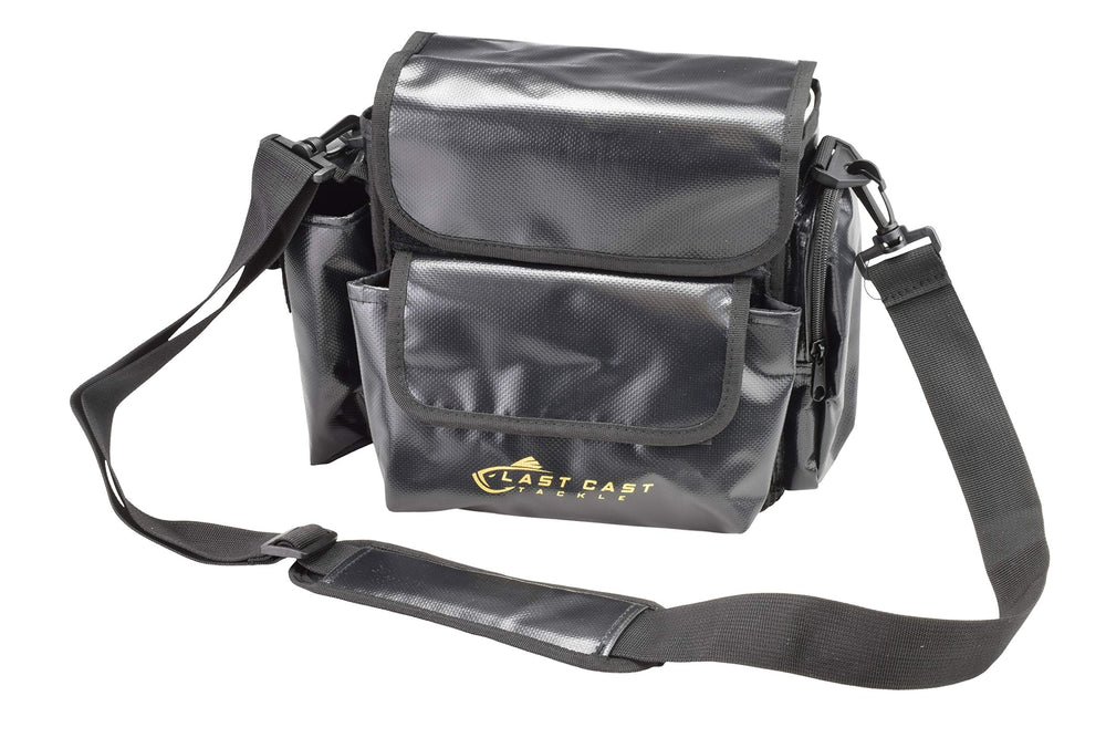 Close-up of the side pouch and belt loops on Last Cast Tackle bag #8000