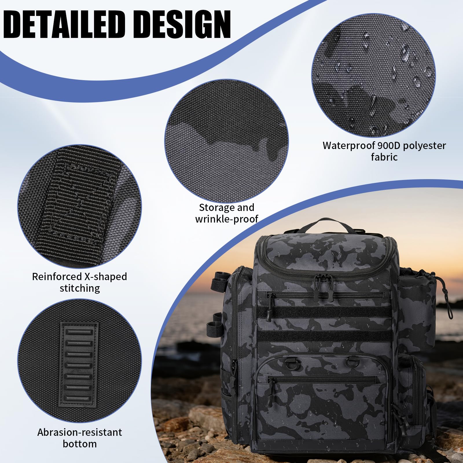 LASUK fishing backpack base-non-slip-pads provide stable footing on wet surfaces.
