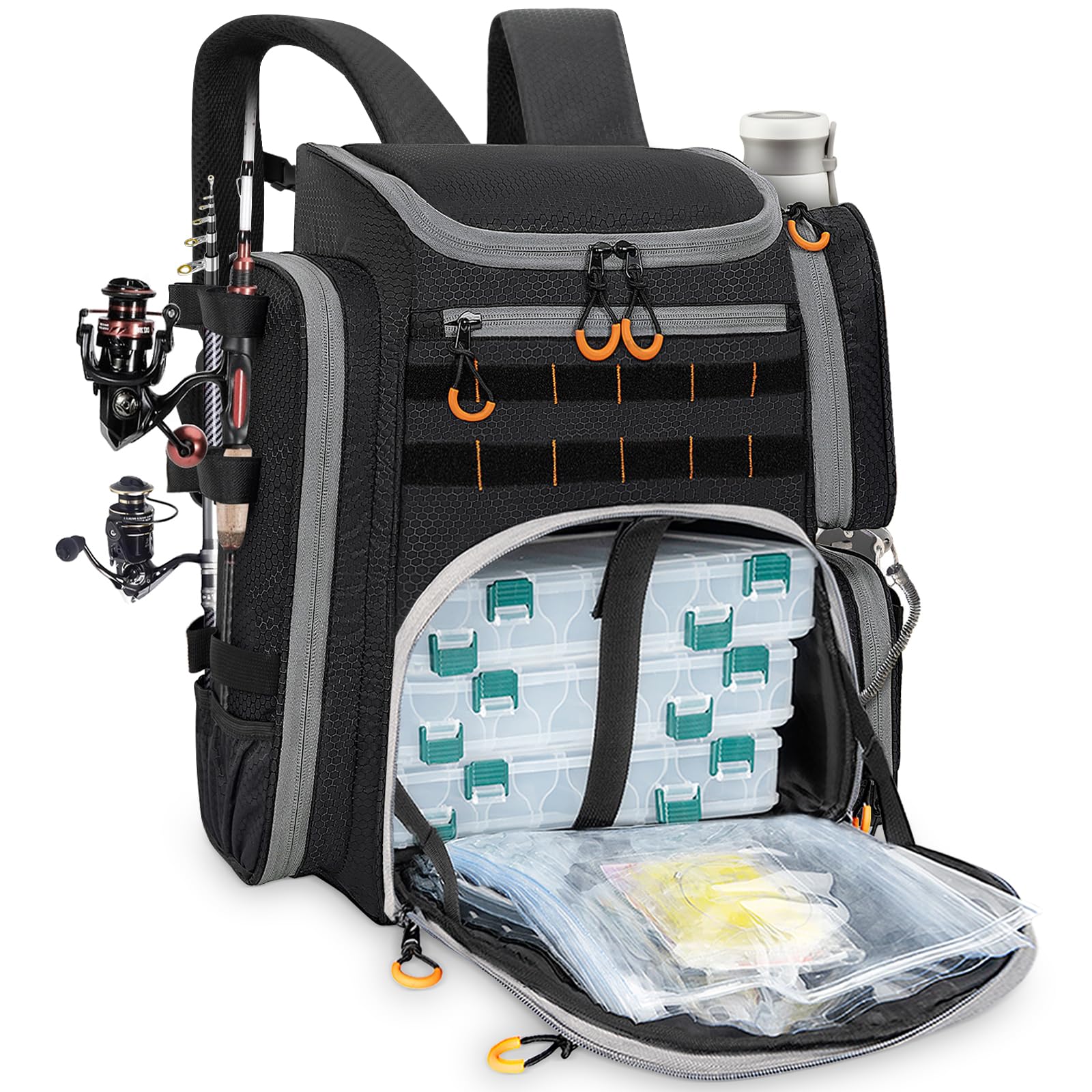 LASUK fishing backpack with dual rod holders for hands-free casting on trips
