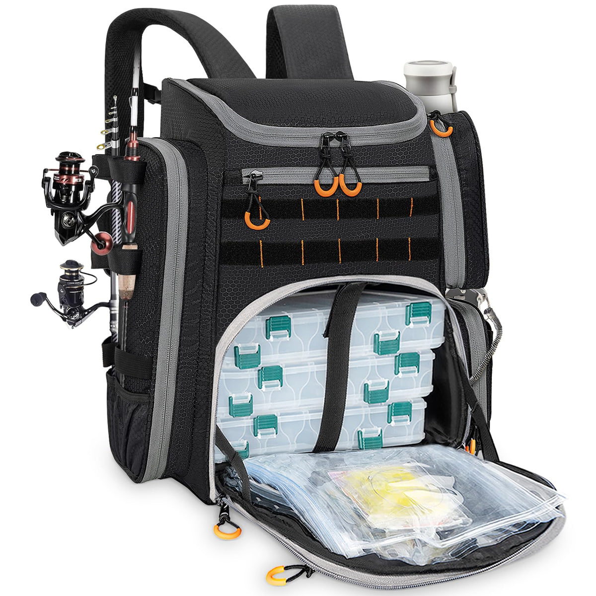 LASUK fishing backpack with dual rod holders for hands-free casting on trips