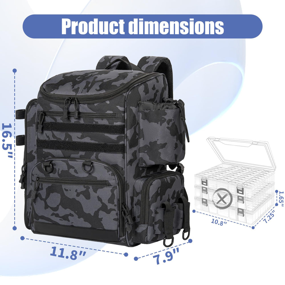 LASUK fishing backpack multiple-pockets organize lures, lines, and accessories at a glance.