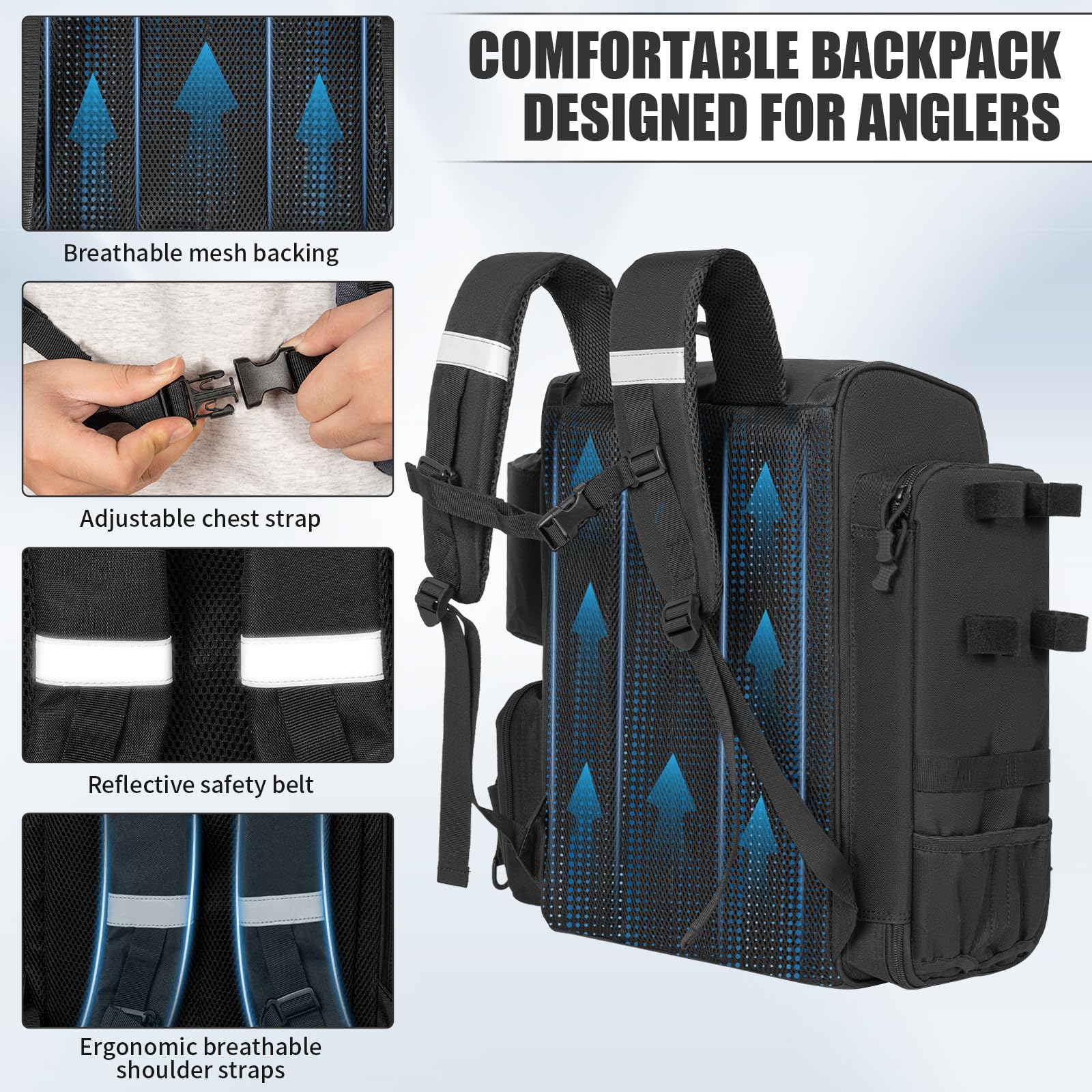 LASUK fishing backpack reflective-stripes increase visibility in low light.