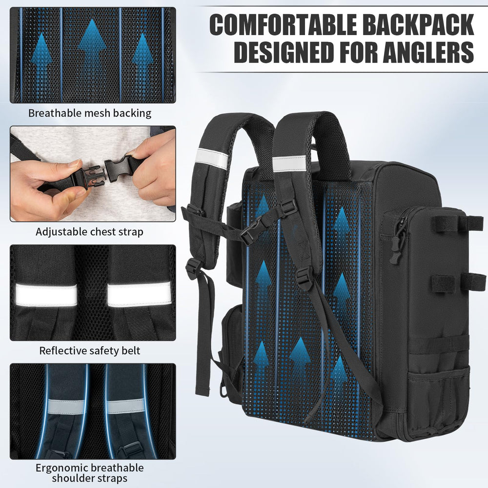 LASUK fishing backpack reflective-stripes increase visibility in low light.