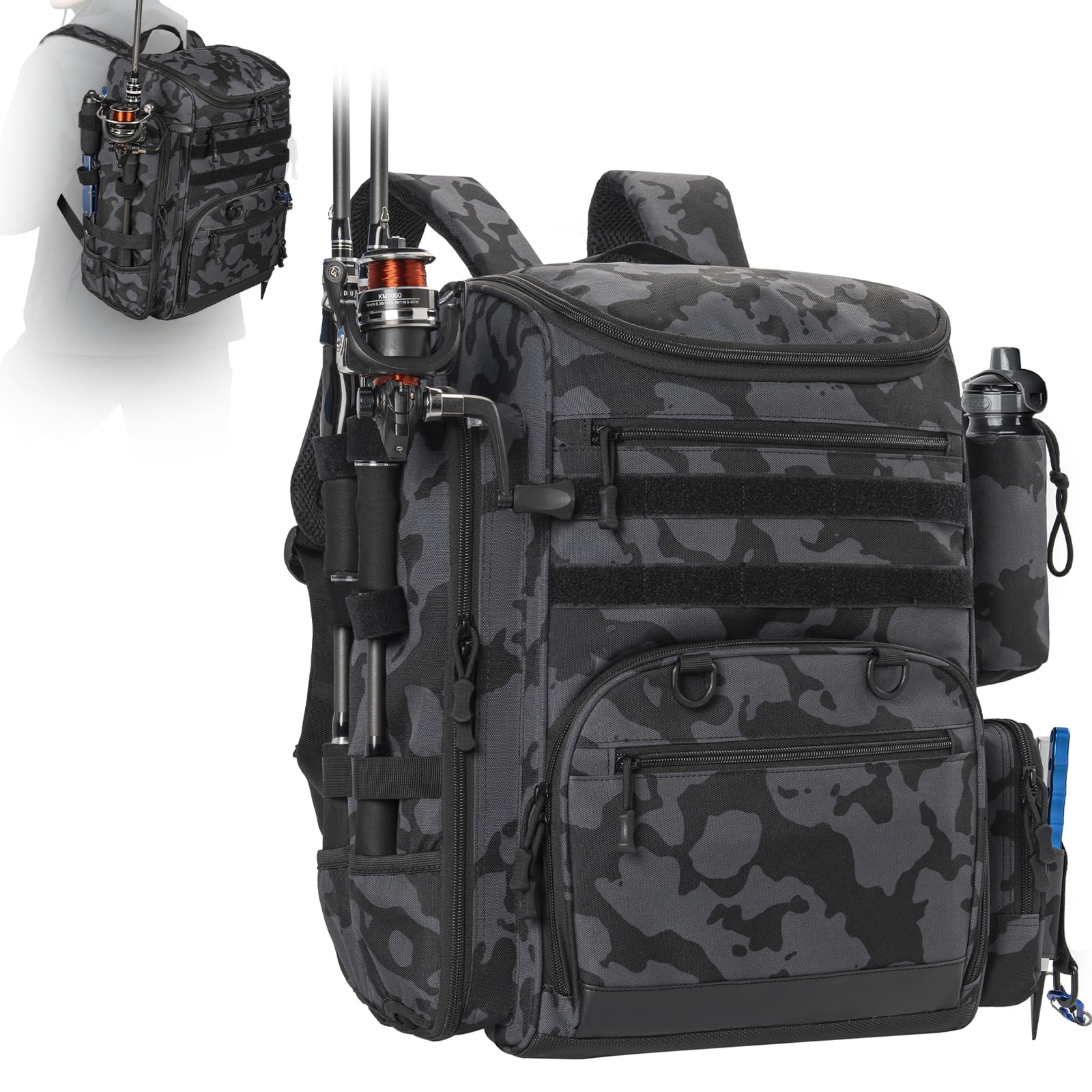 LASUK fishing backpack removable-dividers keep tackle neatly separated while traveling.