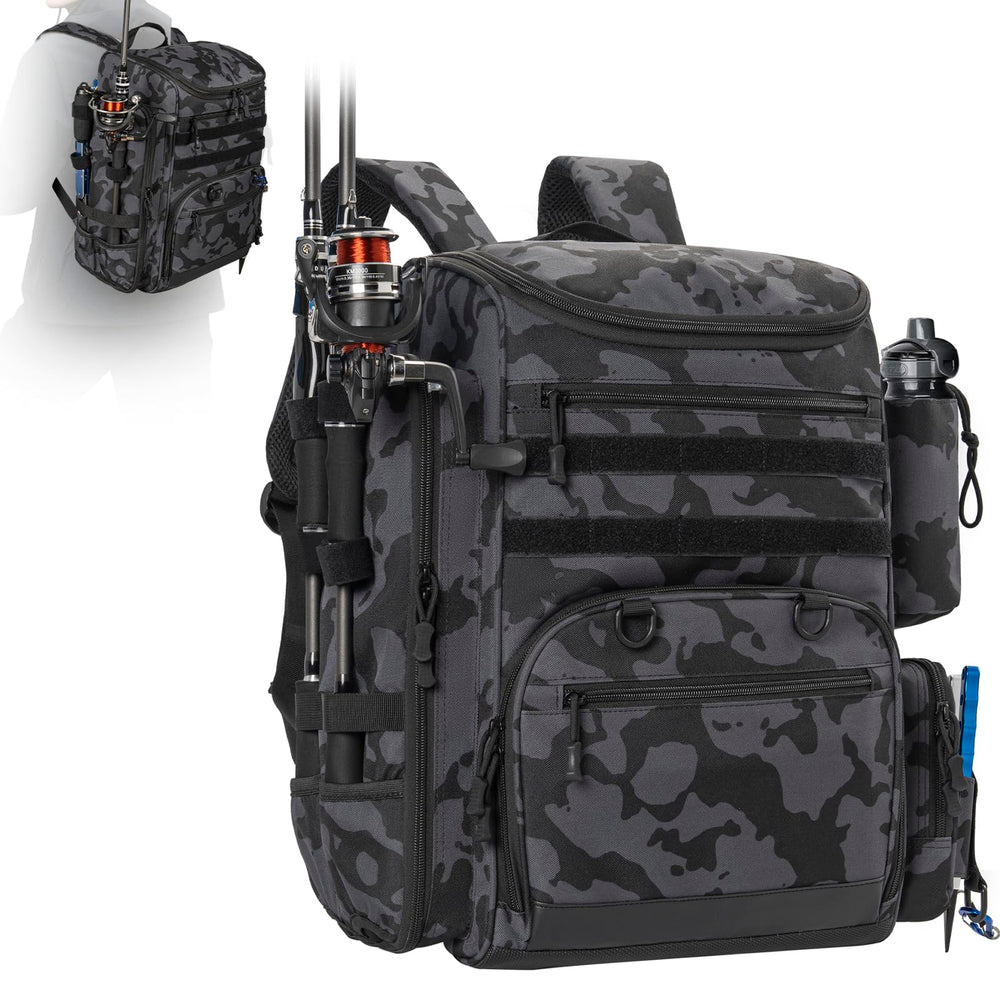 LASUK fishing backpack removable-dividers keep tackle neatly separated while traveling.