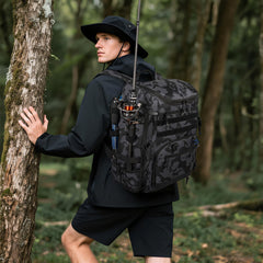 LASUK fishing backpack rod-holders demonstrate hands-free setup during casting.