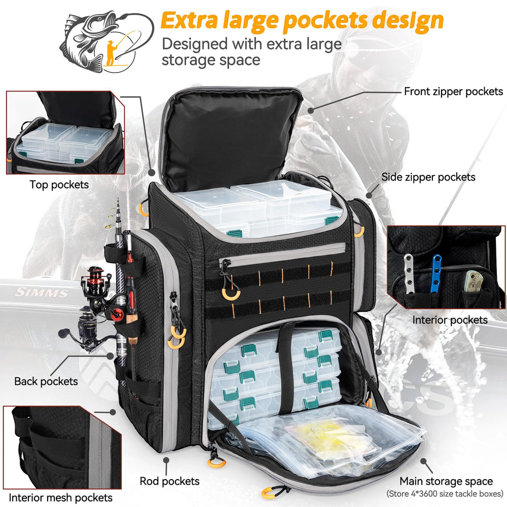 LASUK fishing backpack shows waterproof PVC coating keeping gear dry in wet conditions
