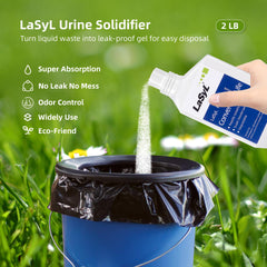 LaSyL powder pouring into a tray for instant solidification and odor control.