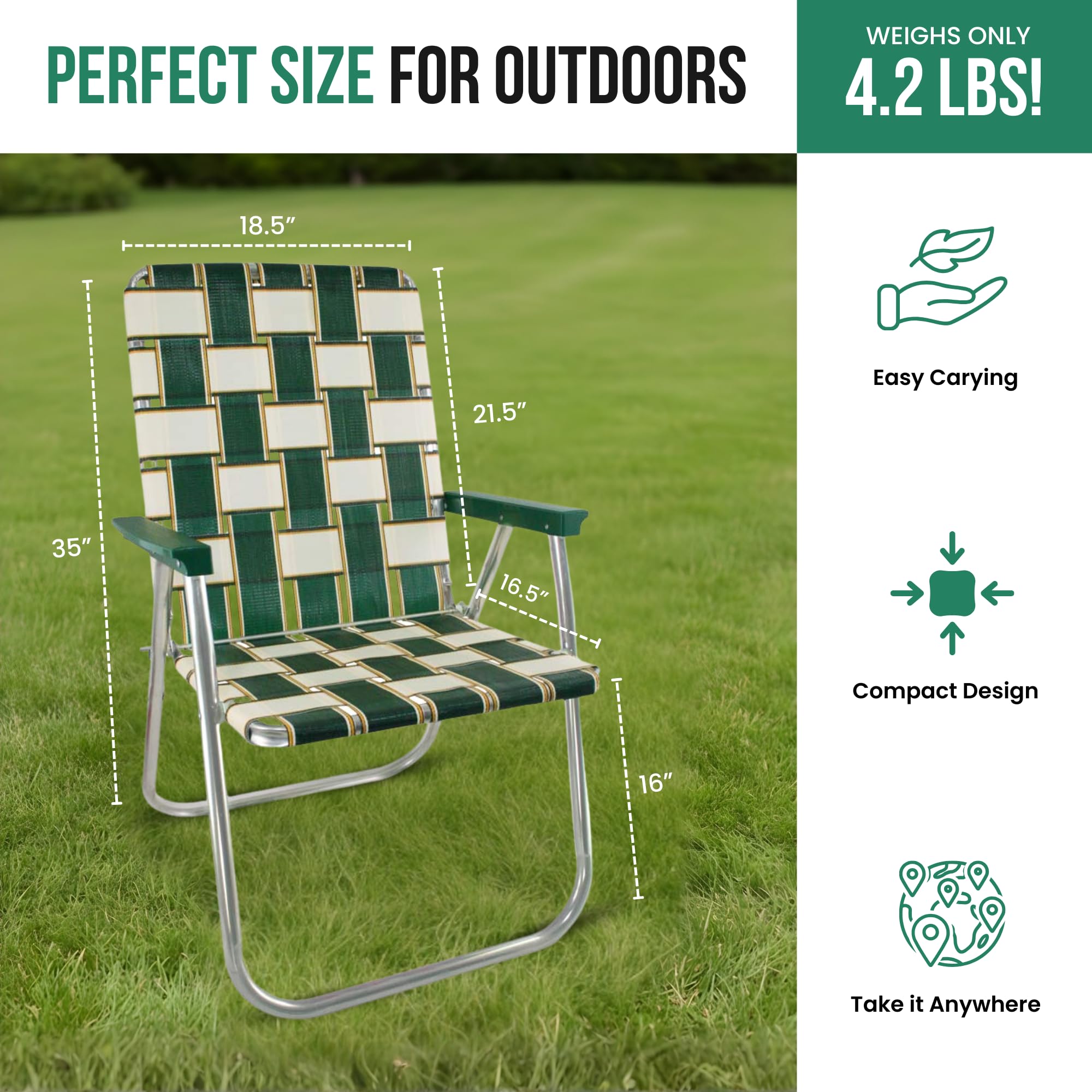 Lawn Chair USA Charleston with green arms folded for space-saving storage.