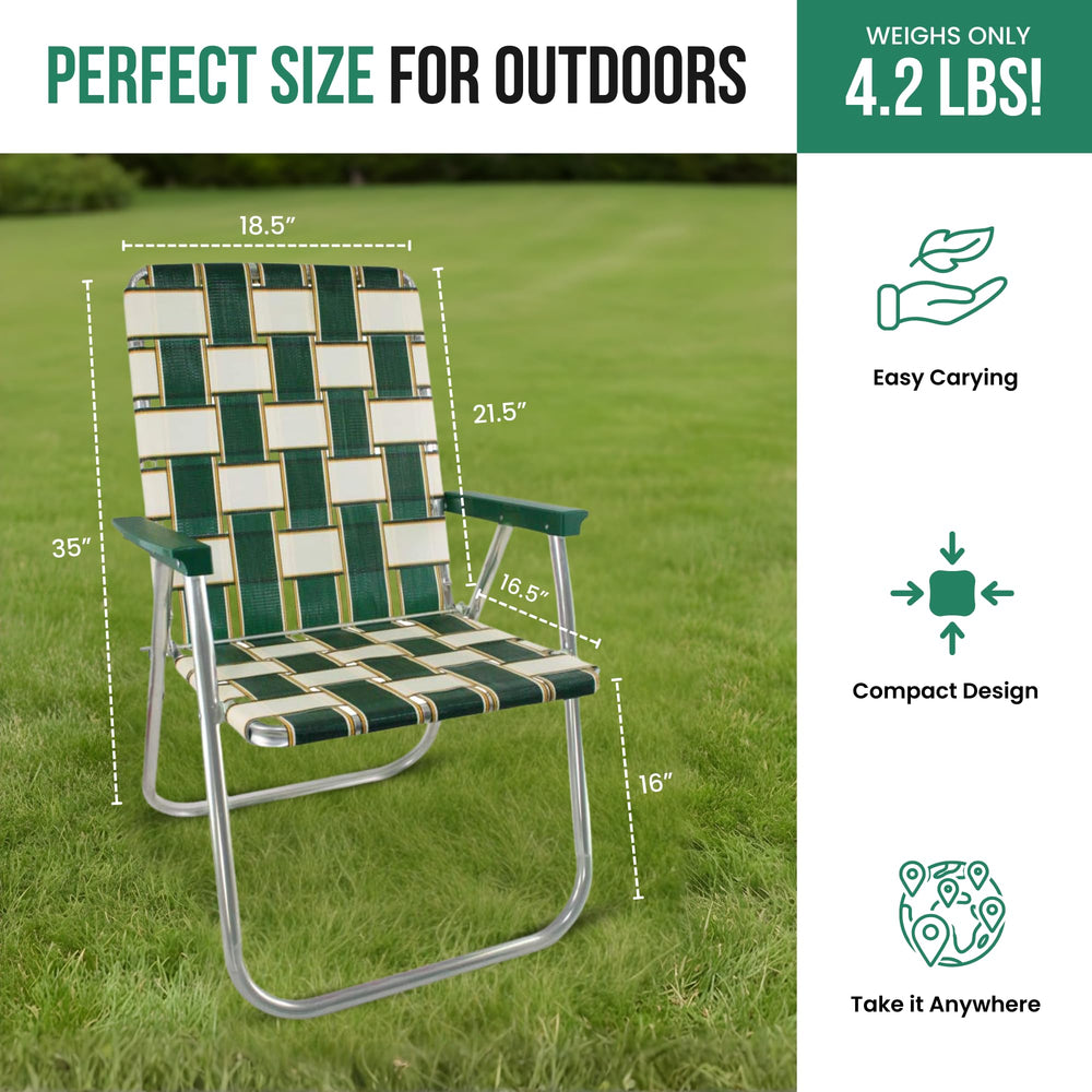 Lawn Chair USA Charleston with green arms folded for space-saving storage.