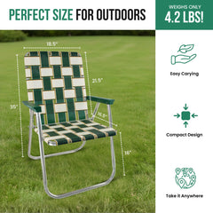 Lawn Chair USA Charleston with green arms folded for space-saving storage.