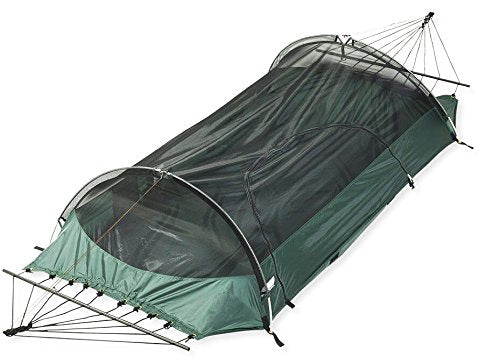 Lawson Blue Ridge rain fly attached demonstrates all-weather protection on the hammock tent.
