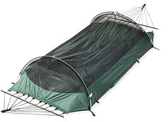 Lawson Blue Ridge rain fly attached demonstrates all-weather protection on the hammock tent.