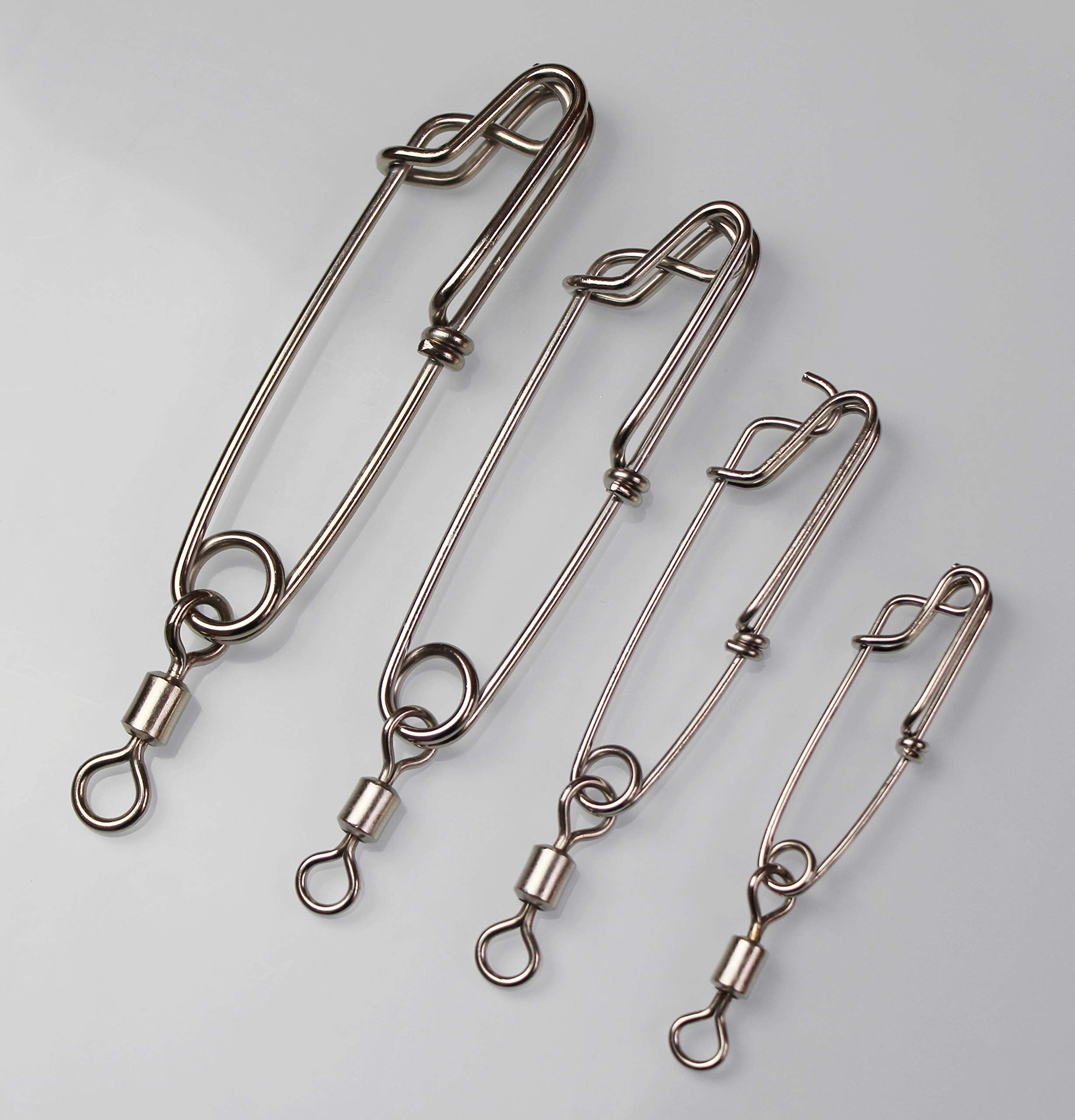 Five clips laid out showing sizes from 2.4 to 5.0 inches with rolling swivel