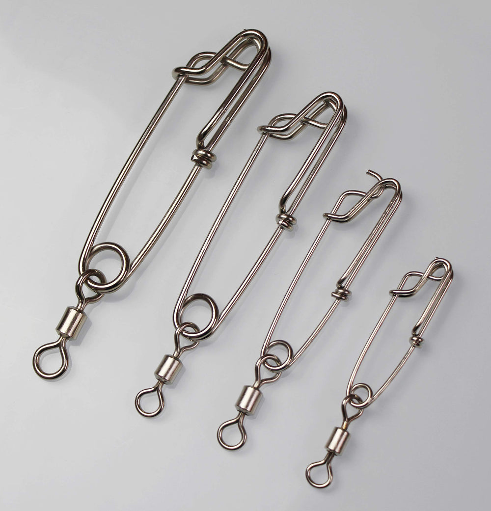 Five clips laid out showing sizes from 2.4 to 5.0 inches with rolling swivel
