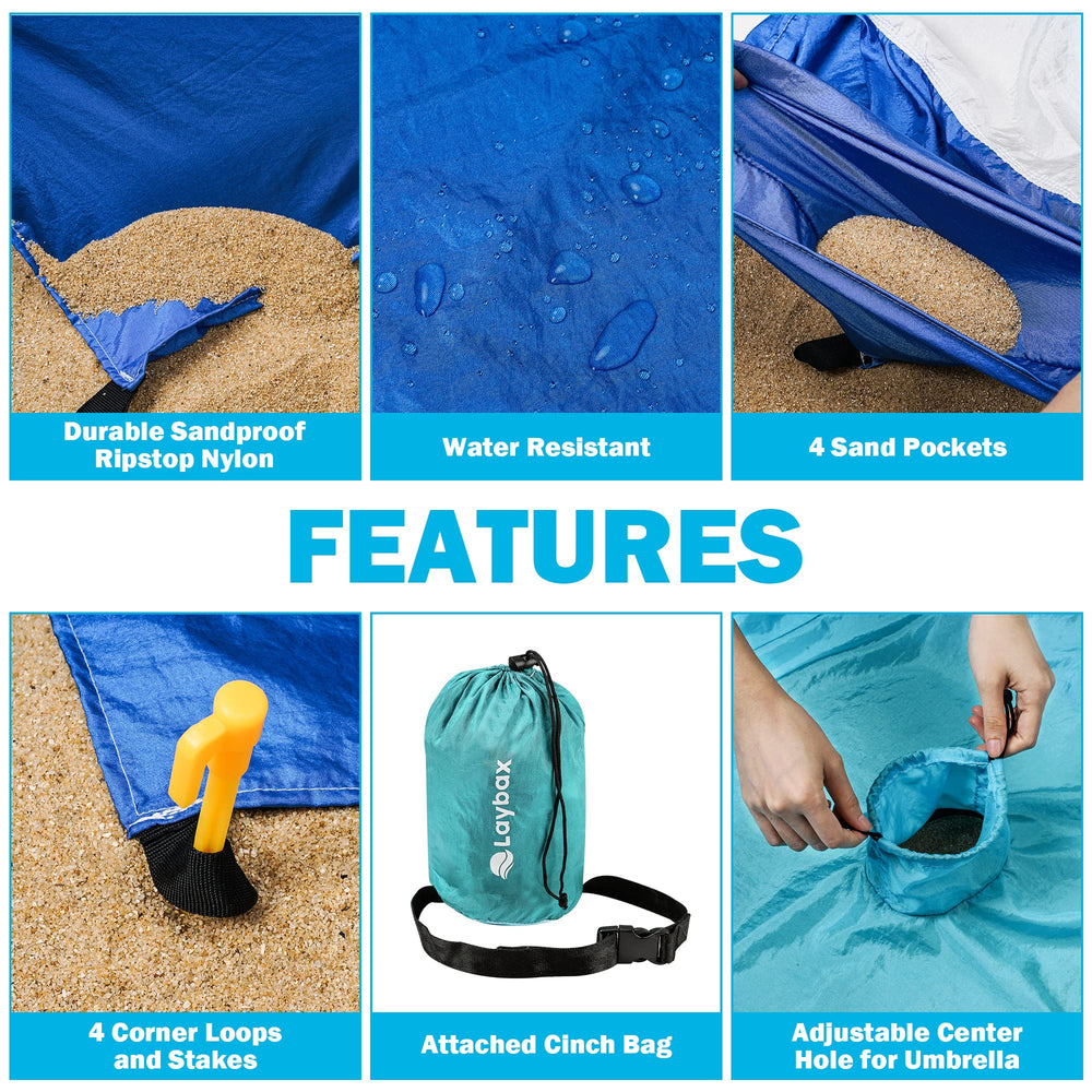 Laybax blue water-resistant beach blanket on damp shore with ease.