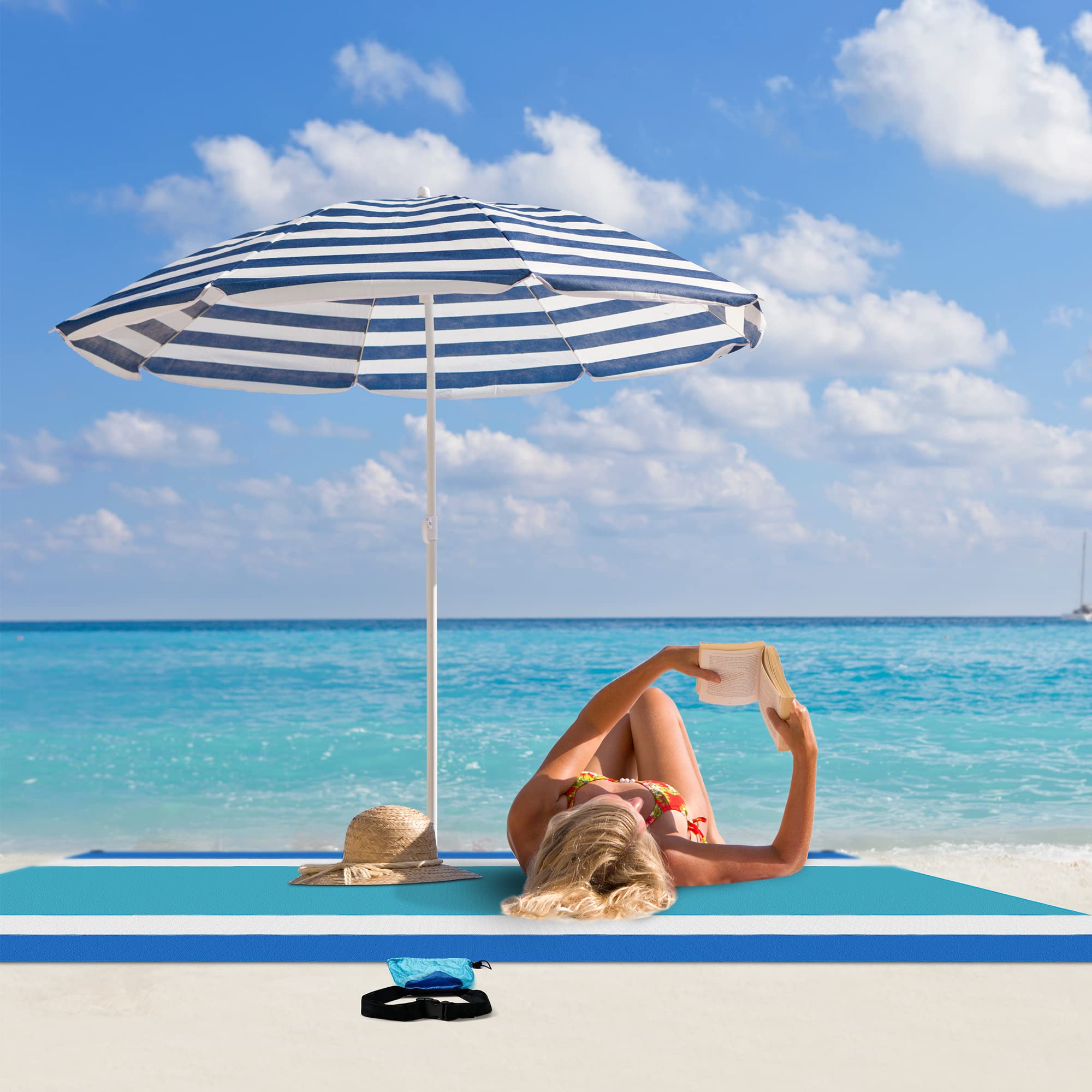Laybax blue beach mat rolled for quick backpack-ready packing.