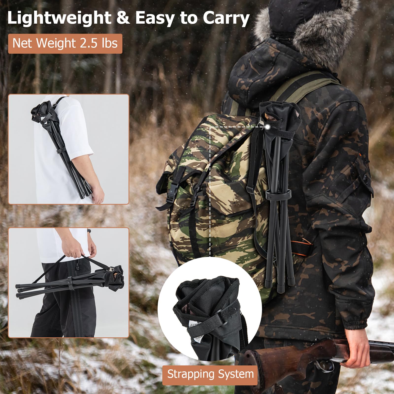 LDAILY lightweight stool with shoulder strap for easy backpack carry.