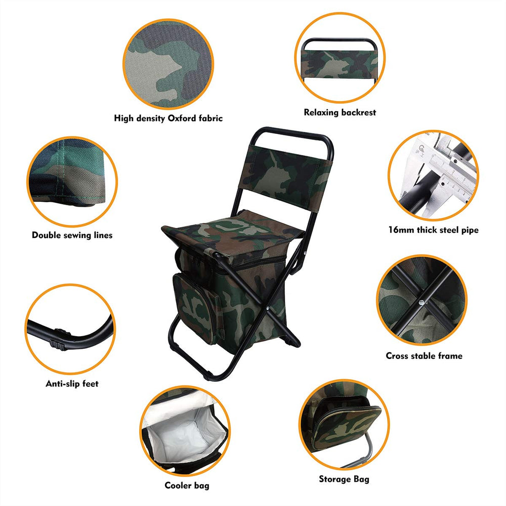 LEADALLWAY fishing chair camouflage backrest provides comfortable support.