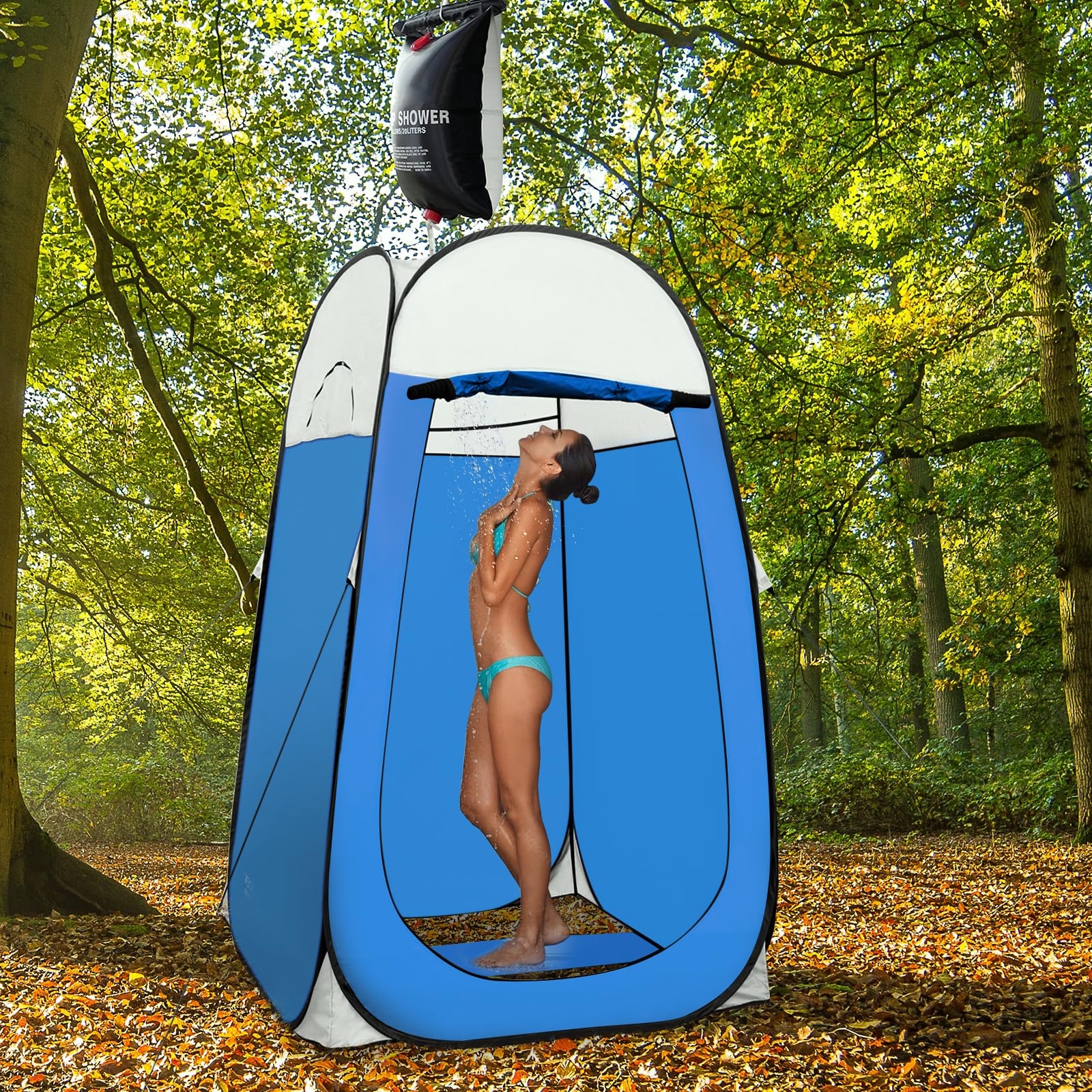 Leader Accessories blue shower tent with dimensions illustration showing spacious privacy space