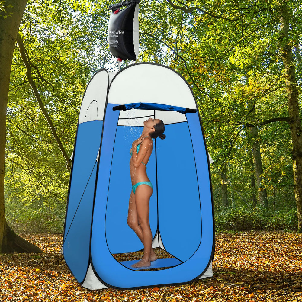 Leader Accessories blue shower tent with dimensions illustration showing spacious privacy space