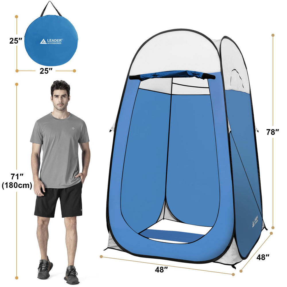 Leader Accessories pop up shower tent blue in-use camping image demonstrates quick privacy changing
