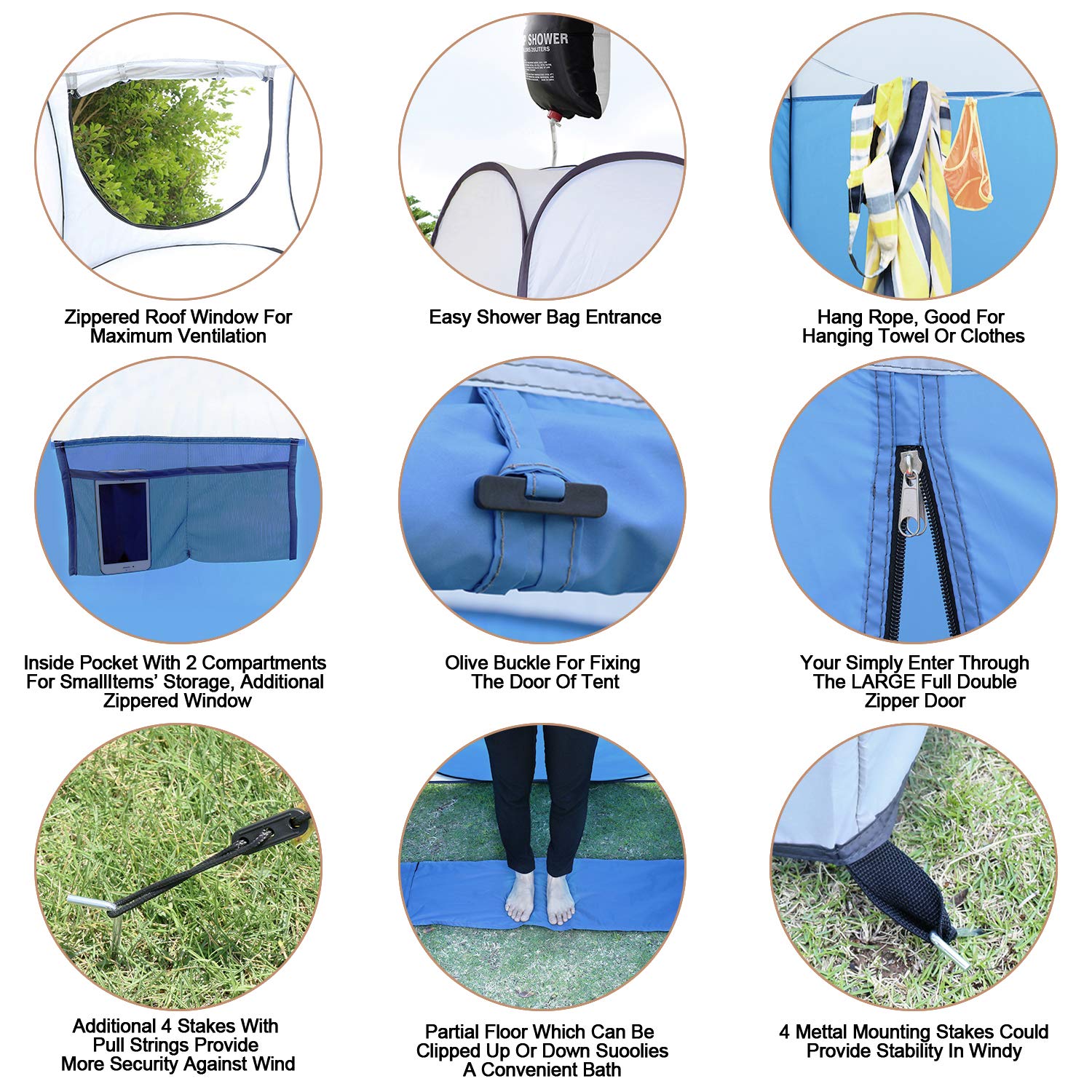 Leader Accessories pop up shower tent blue with sturdy frame indicates wind-resistant stability
