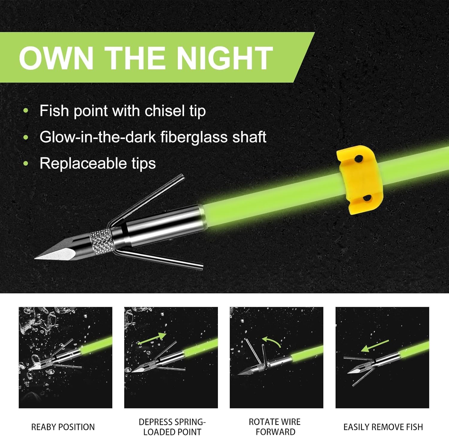 LEANPRO bowfishing arrows luminous tips boost visibility in low light conditions.