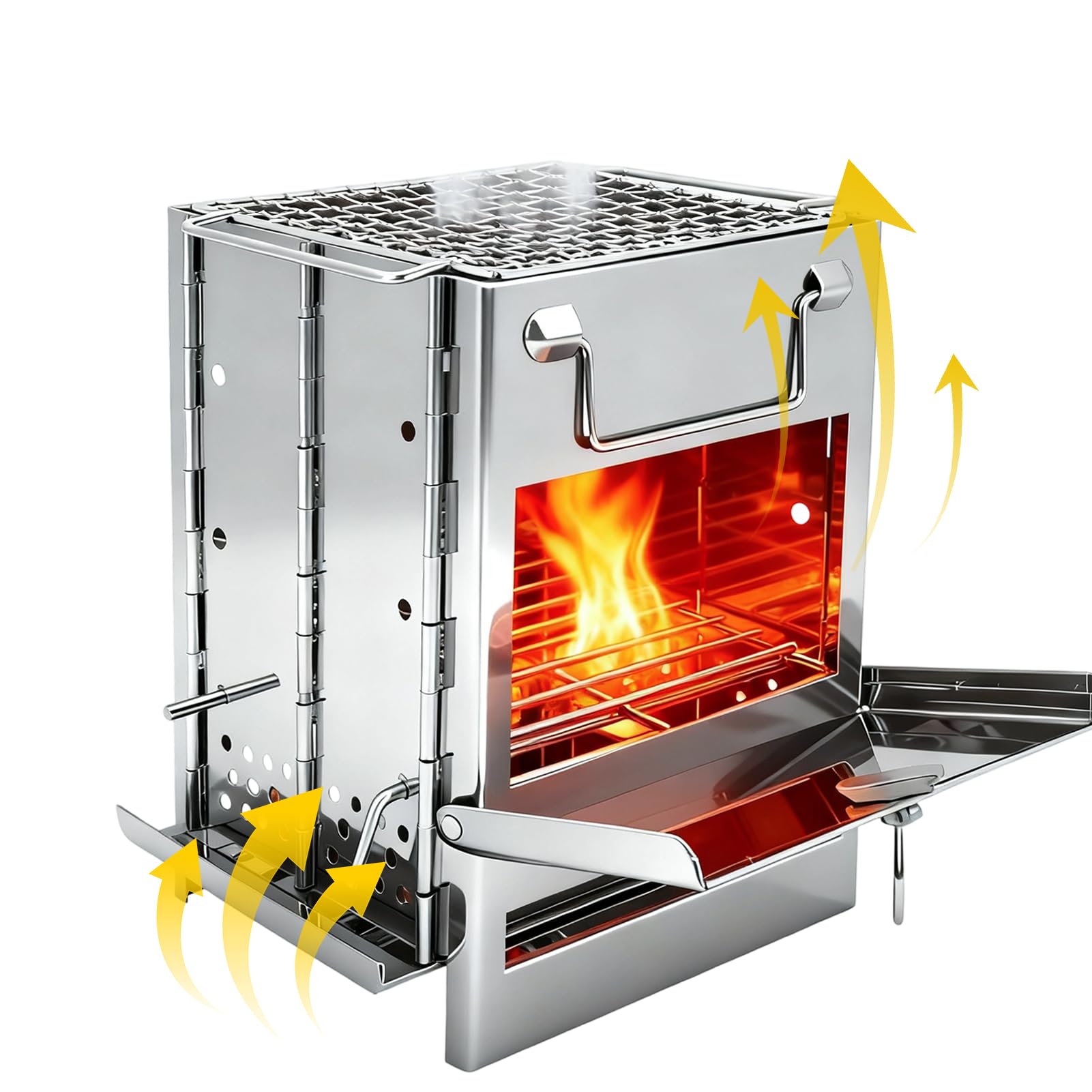 Leapiture stove supports leaves, twigs, and dry grass for flexible fuel use