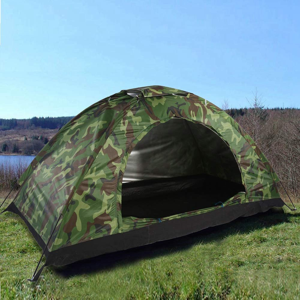 Leapiture camouflage tent face-view highlights sturdy shelter in nature