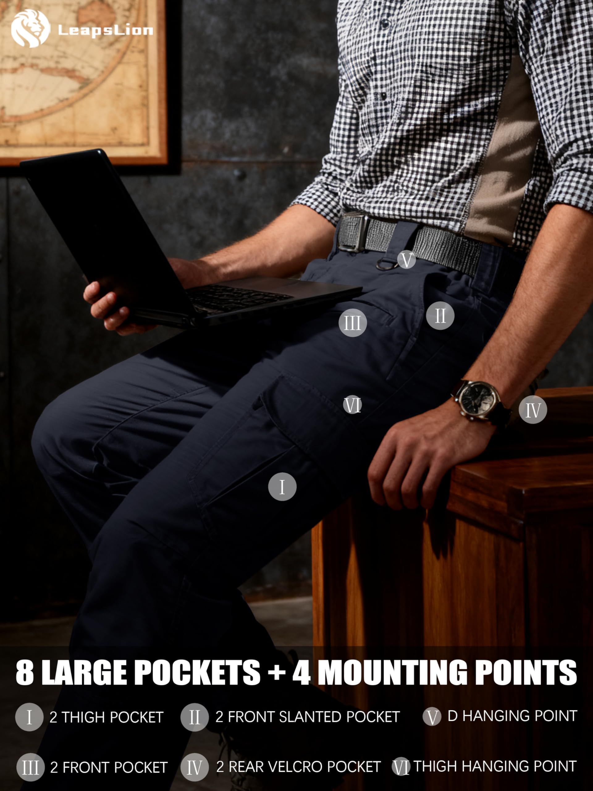 LeapsLion men's tactical pants eight-pocket layout keeps gear organized.