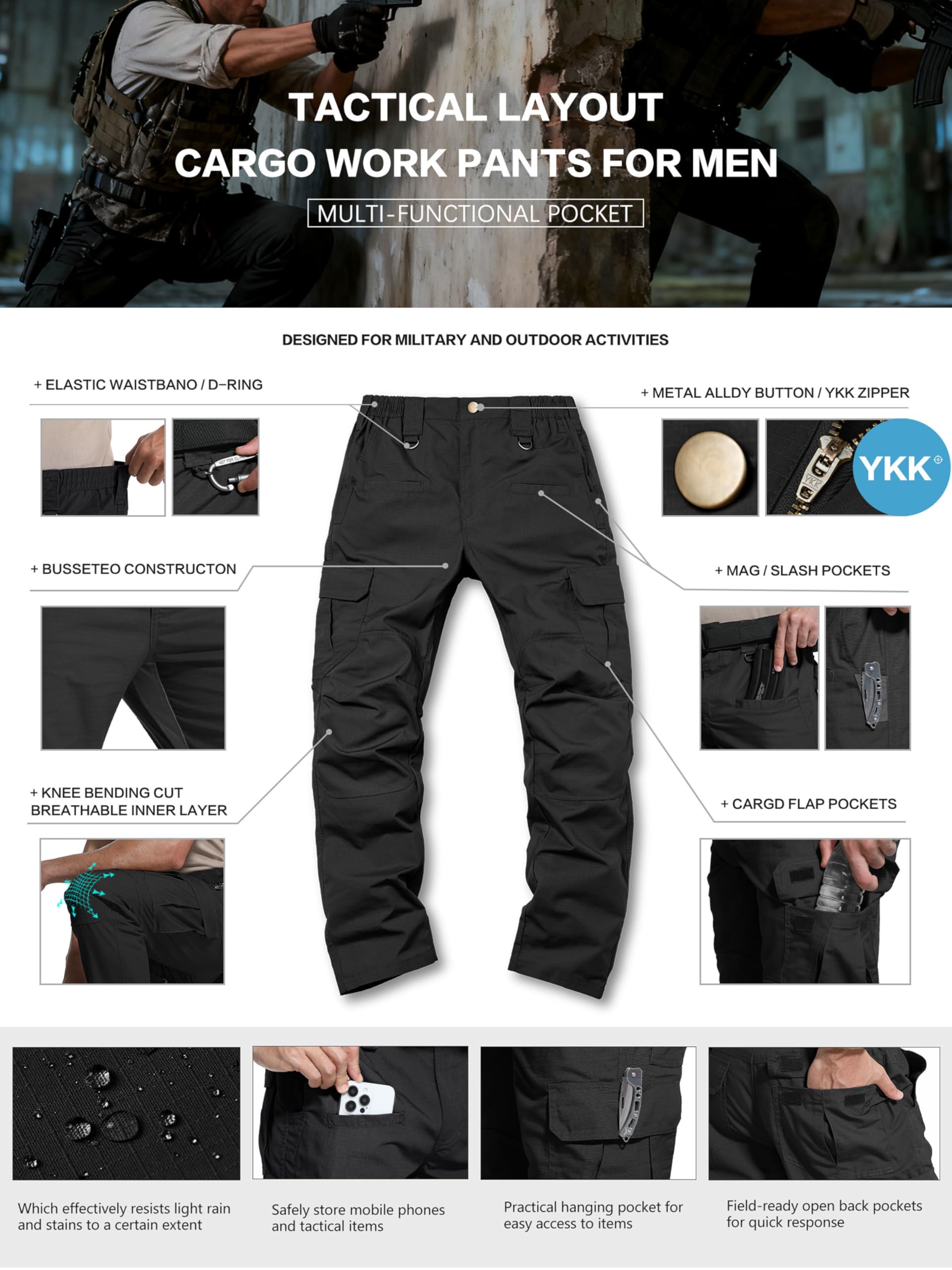 LeapsLion men's tactical pants in-action hiking scenario highlighting versatility.