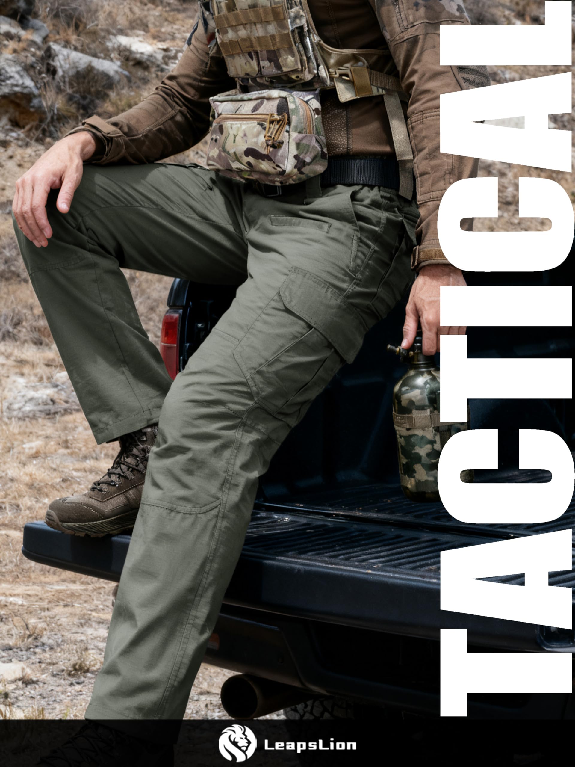 LeapsLion tactical pants eight-pocket design for gear organization during work or hiking.